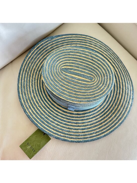 NWT GUCCI BLUE STRAW STRIPED HAT BOATER 100% Authentic Size M main image 5